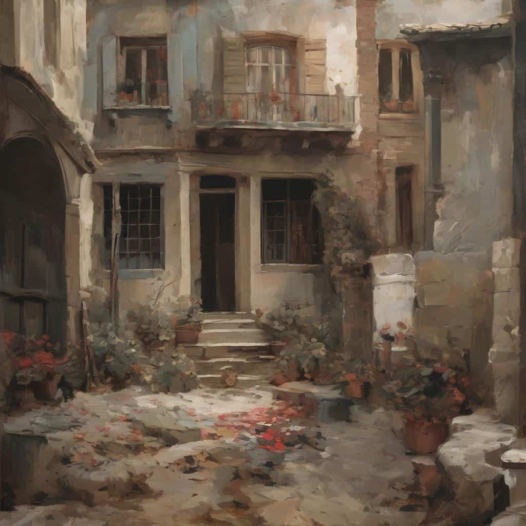 Παλιό κτήριο σε καλλιτεχνική ανάλυση, ιστορικό πλαίσιο με έμφαση στην τέχνη και την αρχιτεκτονική.