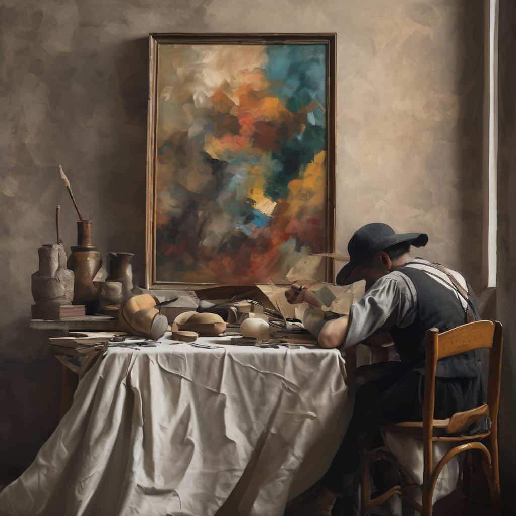Ζωγράφος στο εργαστήριο με παλιά εφημερίδα και πινέλα, δημιουργικό ιστορικό πλαίσιο τέχνης.