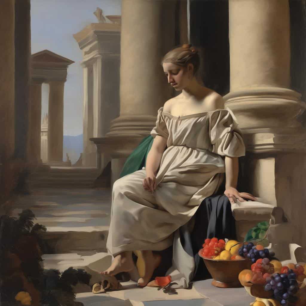 Χαρακτικό αυτοπροσωπογραφίας, ελληνικό κλασικό, καλλιτεχνική ανάλυση και ιστορικό πλαίσιο, νεαρή γυναίκα με φρούτα, κλασική τέχνη και μυθολογικό θέμα.
