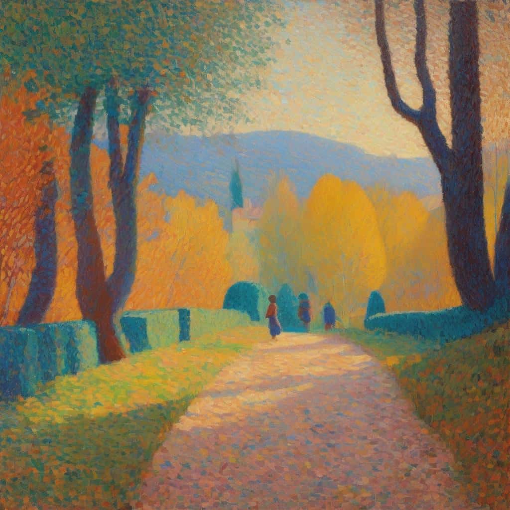 Ζωγραφική τοπίου με πεσμένα φύλλα και ανθρώπους περπατώντας, εποχή φθινοπώρου, καλλιτεχνικές ανάλυσεις, ιστορικό πλαίσιο τέχνης.