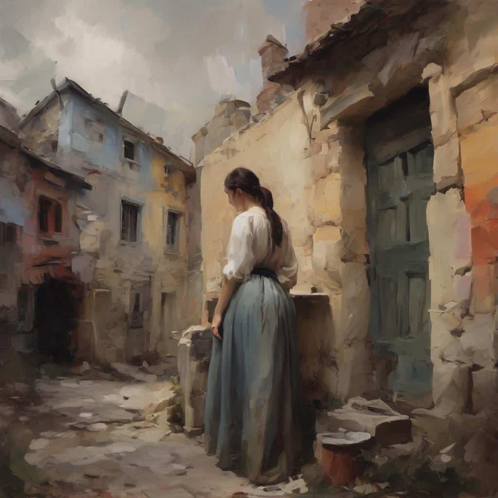 Χαρακτικό πορτρέτο γυναίκας σε αρχαία πόλη με ιστορικό πλαίσιο.