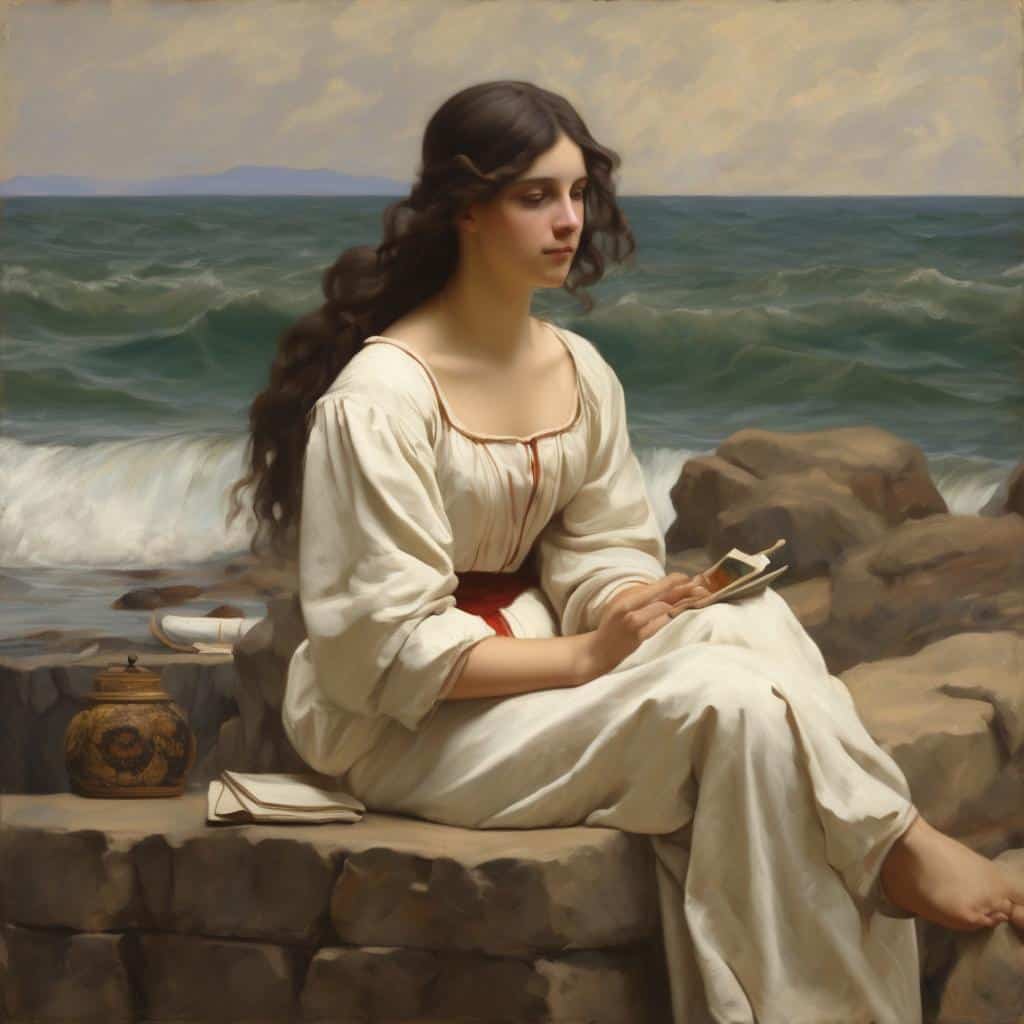 Ομορφη γυναικεία φιγούρα σε θαλάσσιο τοπίο, έργο τέχνης με ιστορικό και καλλιτεχνικό πλαίσιο.
